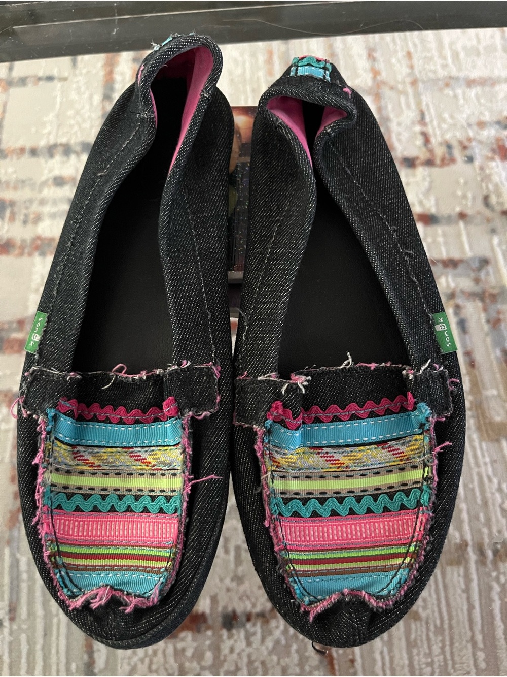 Sanuk Black Slip-On Moccasins with Multicolor Striped Panel - Picture 2 of 5
